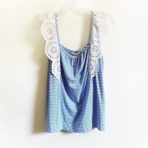 Vineyard Vines Mixed Media Flutter Sleeve Top blue white striped eyelet pleats